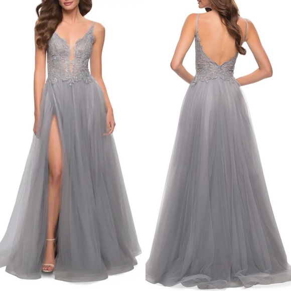 La Femme Tulle A Line Gown with Lace Rhinestone Bodice Prom Gown Sz 6 - Picture 16 of 16